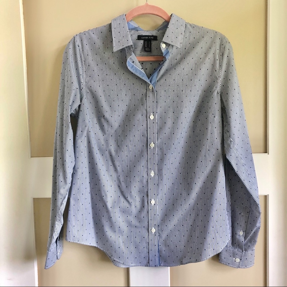Land’s End Navy and White Striped Polka Dot Oxford